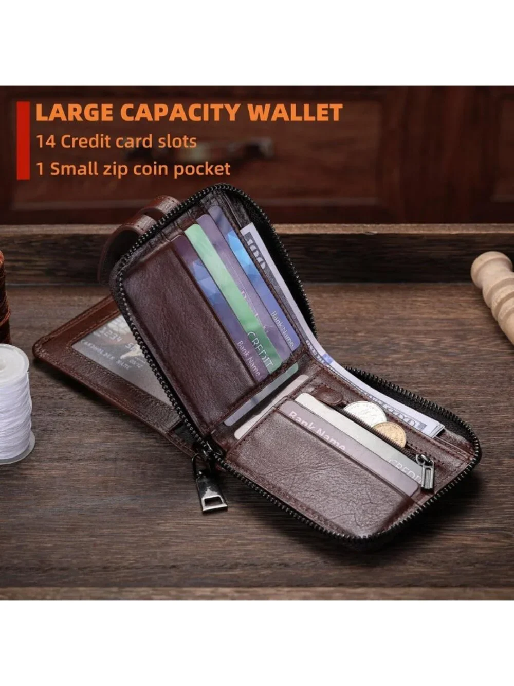 Genuine Leather Men's Zipper Wallet - Stylish, Durable, Slim Design (Coffee)